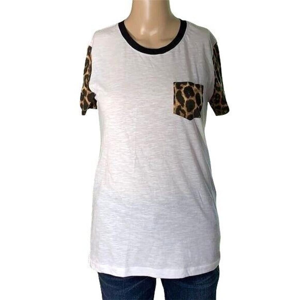Rue21 Womens T Shirt Top Leopard Print Short Sleeve Crew Neck White Black Small